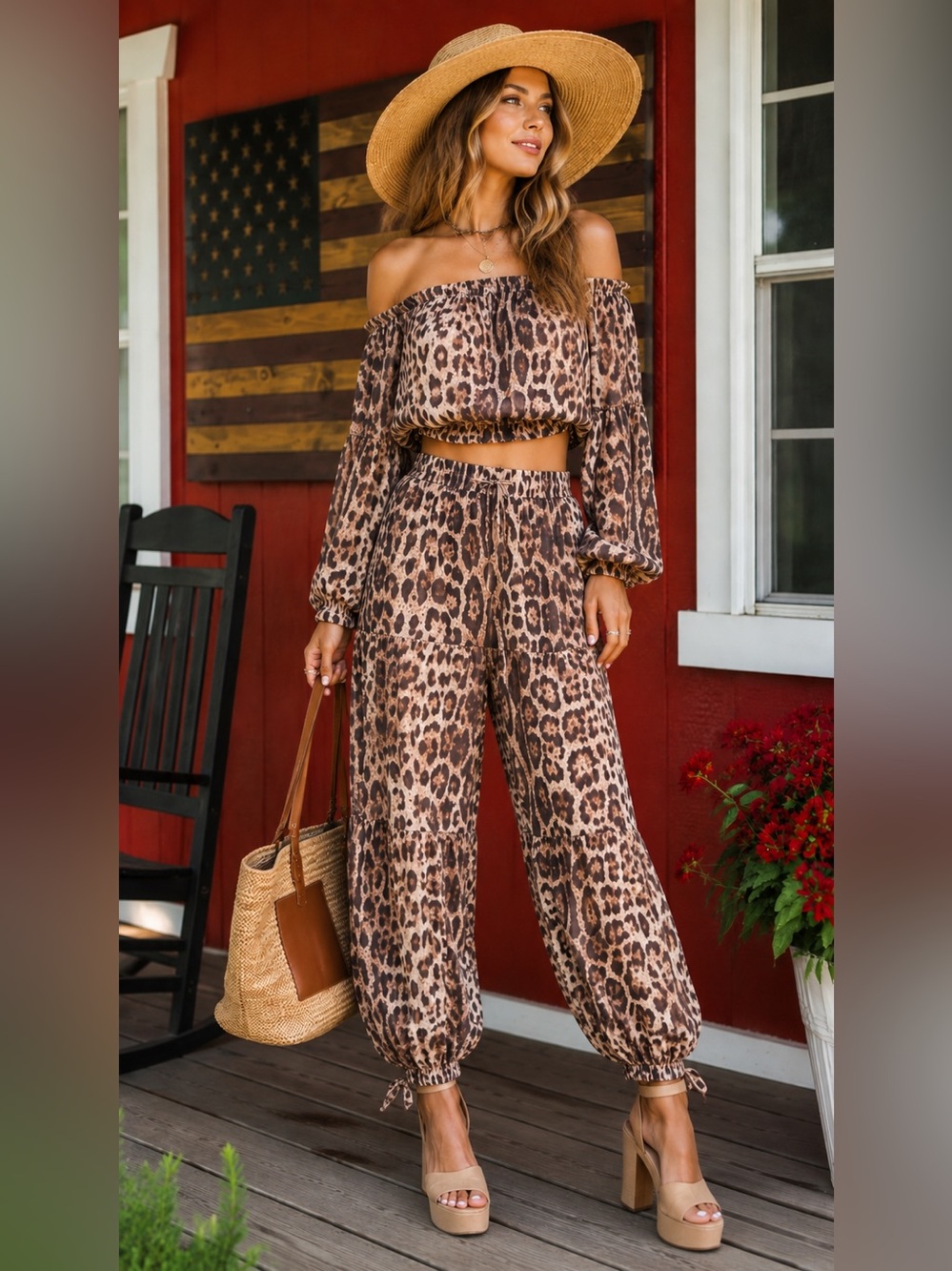 M. Fredric Leopard Print Off-the-Shoulder Two-Piece Set | Boho